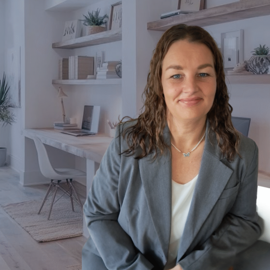 Line Hausted i en grå blazer på hendes kontor for bogholderi og businessmentor og bogholder for salonejere